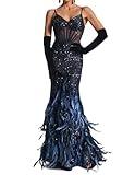BELLA BARNETT Blue Sparkly Sequin Dress for Women See Through Corset Dress Fish Tail Bodycon Dress Sexy Spaghetti Strap Dress Elegant Feather Dress