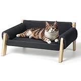 FAMIDGE Elevated Cat Couch Bed for Indoor Cats - Wooden Pet Sofa with Removable Washable Thick Cover Raised Kitty Lounge Chair Suitable for Puppy or Small Animals(Cat Sofa Dark-Grey)