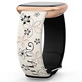 OHOTLOVE Floral Engraved Bands Compatible for Fitbit Sense & Versa 3/4, Soft Cute Two-Tone Flower Sport Watch Strap Replacement Wristbands
