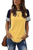 Adibosy Women Summer Casual Shirts: Short Sleeve Striped Tunic Tops - Womens Color Block Tee Tshirt Blouses Yellow L