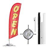 Vispronet Open (Red) Small Feather Flag Kit with Cross Base and Ground Stake – Stands about 8.2ft Tall – Great for Businesses, Storefronts, Job Fairs, and Festivals – Printed in the USA