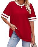 WIHOLL Plus Size Tops for Women T Shirts Crew Neck Summer Sports Style Color Block Sleeve Tee Plain Clothes Beach Vacation Clothes for Women Womens Spring Tops 2025 Deep Red 3XL