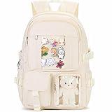 PRLINJSK Kawaii Backpack for Teen Girls, Cute Aesthetic High Middle School College Bookbag with Accessories, Beige