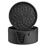 ME.FAN Silicone Coasters with Holder,[6 Pack] Drinking Coasters - Cup Mat for Hot or Cold Drinks, Thickened, Non-Slip, Non-Stick,Deep Tray Black