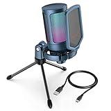FIFINE Gaming Streaming USB PC Microphone for Mac OS/Windows, AmpliGame Condenser Cardioid Mic with RGB for Video Vocal Recording Twitch Discord, Gamer Computer Mic-Blue