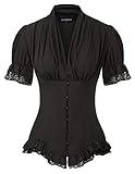 Scarlet Darkness Black Elegant Shirt Womens Steampunk Victorian Lace Up Blouse V Neck Short Sleeve Shirts Black L