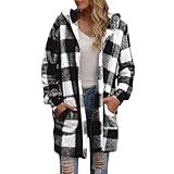 Plaid Fleece Jacket Women Long Comfy Fuzzy Open Front Hooded Cardigans Loose Soft Warm Winter Coats with Pockets Womens Winter Coats Oversized Trendy Sherpa Jacket Winter Thermal Outerwear Coats