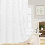 Craidlela Boho White Woven Fabric Shower Curtain with Tassel 72 x 78 Modern Farmhouse Minimalist, Bohemia Tufted Chevron Striped Chic Textured, Waterproof Cloth Curtain for Bathroom, Hotel Decor