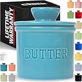 PriorityChef French Butter Crock with Lid, Get on Demand Spreadable Butter, Ceramic Butter Keeper to Leave on Counter with Water Line, Light Blue