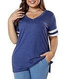 Gloria&Sarah Plus Size Tops for Women Summer Short Sleeve Casual Shirts V Neck T Shirt Color Block Tunic Tops,Navy,L