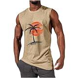 Mens Summer Beach Tank Top Hawaiian Palm Tree Print Sleeveless Muscle Basic Tee Vacation Tops Khaki