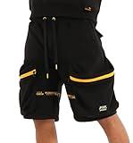 SCREENSHOT-SP11266 Mens Urban Hip Hop Premium Streetwear Fleece Shorts - Street Tactical Functional Cargo Pockets Utility Varsity Fashion SweatShorts-Black/Gold-Small