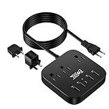 European Travel Plug Adapter, FOVAL EU UK US Power Strip with USB C and 4 USB Ports, 3 AC Outlets, Wall Mountable, 5ft Extension Cord, Compact for Travel, Cruise Ship, Home Office (Black)