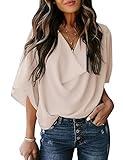 Dokotoo Womens Spring Fashion 2025 Womens Tops Business Casual Outfits Trendy Blouses & Button Down Shirts 3/4 Sleeve Summer Tops Cute Wrap Blouses Dressy Work Apricot Shirts Office Clothes, Medium