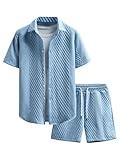 GORGLITTER Men's 2 Piece Outfits Waffle Knit Button Down Shirt Top and Shorts Set Blue Large
