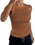 C.O.Z.Y Tank Top for Women Ribbed Racerback Sleeveless Top Shirts High Neck Casual Slim Fit Top 2025 Light Coffee Small