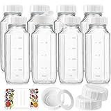 8 Pack 16 Oz Reusable Glass Milk Bottles w 100% Airtight Heavy Duty SCREW Lid w Silicone Gasket - Glass Juice Bottles w Capacity Mark - Beverage Drinking Jar Juice Container(Extra 2 Lid)