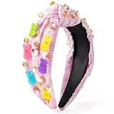 PANTIDE Easter Bunny Jeweled Knotted Headband - Peeps Rabbits Rhinestone Crystal Embellished Headband Wide Top Knot Hairband Hair Accessories Easter Spring Birthday Gift for Women Girls (Pink Plaid)