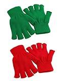 Cooraby 2 Pairs Unisex Warm Half Finger Gloves Winter Fingerless Gloves (L for Adults, M for Teens, S for Kids) (Green, Red, Large)