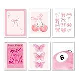 HNNXAR Coquette Trendy Preppy Poster Wall Art Set Of 6 Pink Bow Cherry Guest Check 8 Ball Butterfly Canvas Picture Prints Aesthetic For Girls Room College Dorm Apartment Bedroom 8x10 Unframed