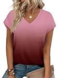 Cute Tops for Women Summer Casual T Shirts V Neck Women Blouses Loose Fit Tshirts Cap Sleeve Ombre Burgundy M