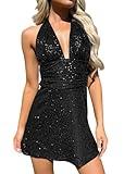 Memoriesea Women Sequin Sexy V Neck Glitter Sleeveless Party Night Out Mini Club Dress Black