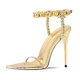 Ouwilov Gold Metallic Dress Heels for Women Featuring Statement Chain Ankle Strap and Sleek Silhouette, Perfect for Glam Events and Celebration Looks