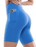 POSHDIVAH Women's Creamluxe Yoga Shorts with Pockets - 8" High Waisted Spandex Workout Running Volleyball Biker Shorts, Classic Blue Large