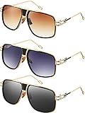 Frienda 3 Pairs Retro Sunglasses for Men Oversized Men Shades Glasses Fashion Alloy Metal Gold Frame Polarized Sun Glasses(Gray/gradient Gray/gradient Brown)