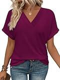 WIHOLL Womens Summer Tops 2025 Spring Fashion Trendy Short Sleeve V Neck Shirts Vacation Outfits Purple XL