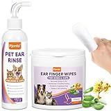 Pjordo Dog Ear Cleaner Kit - Dog Ear Finger Wipes and Ear Cleaner Solution for Dogs and Cats, Gently Remove Ear Wax & Debris, Soothe Ear Itching, Deodorize, Pet Ear Wash with Aloe Vera & Witch Hazel