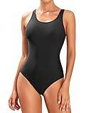 Tempt Me Black Women Athletic One Piece Swimsuits Sporty Racerback Bathing Suits Full Coverage Modest Swimwear M