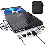 External CD/DVD Drive for Laptop with Carrying Case,DVD Player for Laptop,Portable CD Burner with 4 USB Ports, 2 TF/SD Card Slots,CD Disk Drive Player Reader Write