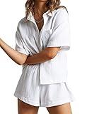 Flygo Womens Casual 2 Piece Outfits Cotton Linen Sets Button Down Oversized Shirt Shorts 2025 Pajama Lounge Beach Set(White-XS)
