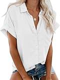 Womens Short Sleeve Casual Button Down Shirts Summer Soft Fashion Cotton Blouses Tops with Pocket White