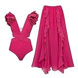 IDOPIP Women's One Piece Swimsuit with Cover up Beach Skirt Retro Floral Printed Swimsuit Bathing Suit Ruffle V-neck Monokini Swimwear Sarong Coverup Two Piece Bikini Set Beachwear Hot Pink - Cutout L