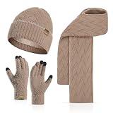 Winter Knit Hat Beanie Scarf for Women with Touch Screen Gloves Set Skull Caps Pompom Hat Neck Scarves for Men