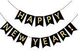 FECEDY Happy New Year Banner Black Bunting with Gold Alphabet for New Year Party Supplier Eve Party Decorations