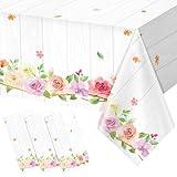 3Pcs Spring Summer Baby Shower Floral Plastic Tablecloths,Disposable Pink Purple Rose Flower Rectangle Table Cover for Spring Picnic Weeding Bridal Shower Birthday Tea Party Decorations,54x108 Inch