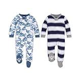 Burt's Bees Baby Baby Boy's 2-Pack Sleep and Play PJs, 100% Organic Cotton One-Piece Zip Front Romper Jumpsuit Pajamas, Navy, 0-3 Months