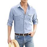 Summer Shirts for Men Cotton Long Sleeve Heavyweight T Shirts for Men Button Down Light Weight Undershirts with Two Pockets Turquoise 3XL