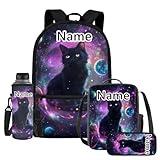 WELLFLYHOM Custom Cat Girls Elementary Backpack with Lunch Box Pencil Pouch Water Bottle Sleeve Galaxy Planet Personalized 4 Pcs Kids School Book Bag Daypack Set for School Sport Travel