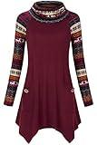 Hibelle Clothes Women Fashion 2021, Fall Color Block Tops Tunic Shirts Ladies Long Sleeve Raglan Cowl Neck Sweatshirts Pockets Assymetrical Hem Trendy Clothing Wine Red Medium