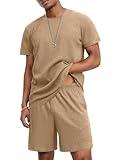 Ekouaer Mens Lounge Set Ribbed Knit Pajamas Set 2 Piece Short Set Outfits Sweatsuit Summer Soft Sleepwear Loungewear Camel XL