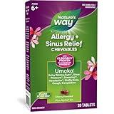 Nature's Way Allergy+Sinus Relief Chewables, Umcka, Sneezing*, Runny Nose*, Headache*, Cough, Congestion, No Phenylephrine, Non-Drowsy, Cherry Flavored, 20 Chewable Tablets (Packaging May Vary)