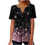 Day-Prime-Deals 2025 Summer Tops for Women 2025 Trendy Boho Floral Print Tunic Shirts Short Sleeve Button v Neck Tshirt Casual Loose Blouse 3-Black Boutique Tops for Women Trendy xx-Large