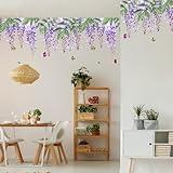 Wisteria Flower Vine Wall Decals Colorful Butterfly Window Clings Wall Mural, Floral Sticker Garden Theme Decoration for Living Room or Bathroom Decor