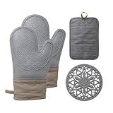 Extra Long Oven Mitts and Pot Holders Sets for Kitchen Silicone Heat Resistant 600F Mittens for Cooking Baking, Thickening Oven Mit Glove and Hot Pads Potholders, Pack of 4, Gray