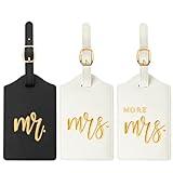 Mr, Mrs and More Mrs Luggage Tags, Embroidered Faux Leather Suitcase Tags, Wedding Gift for Couple, Honeymoon Travel Accessories, Bridal Shower & Engagement Gifts (Classic)