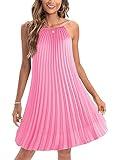 Ellames Women's 2024 Summer Spaghetti Strap Pleated Casual Swing Dress with Belt Pink Large